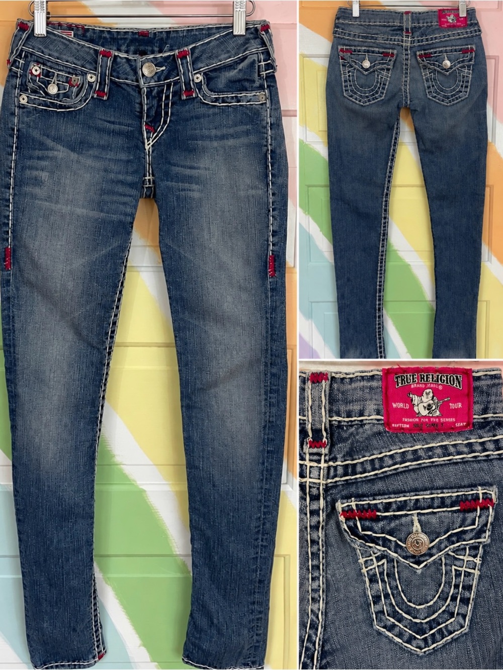 Vintage Rare True Religion Low Rise Denim Pink Stitch & Patch Y2K Jeans Sz 25 🧡🎀